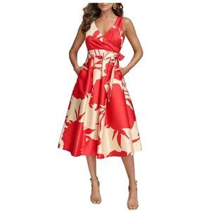 Donna Karan V-Neck Sleeveless Abstract Floral Print Midi Dress